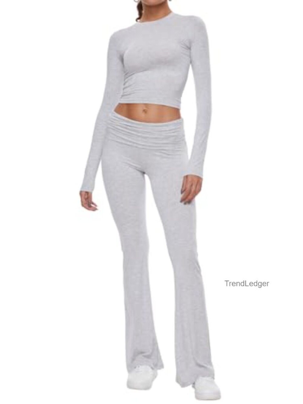 Women's Modal Lounge Set Long Sleeve Crop Top Flare Pants
